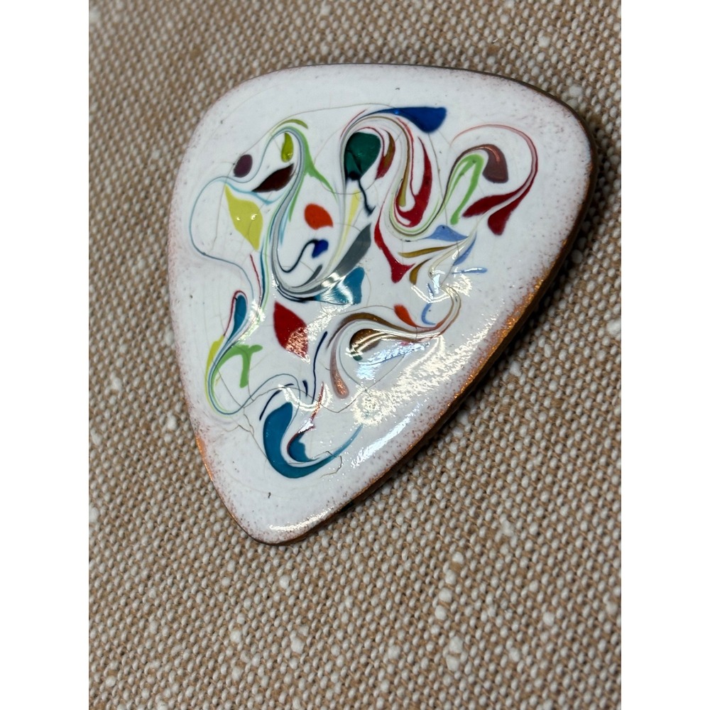 Vintage Mid Century Enamel on Copper Brooch, Abstract Artisan Swirl Shield Pin